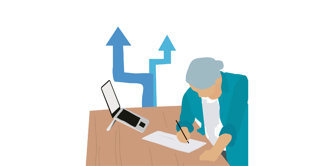 Woman writing at desk with laptop and upward arrows