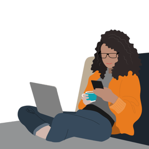 An illustration of a person using their phone with a laptop on their lap and hot drink in their hand.