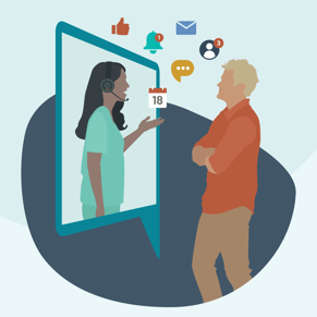 An illustration of a person standing with folded arms talking with someone wearing a telephone headset.